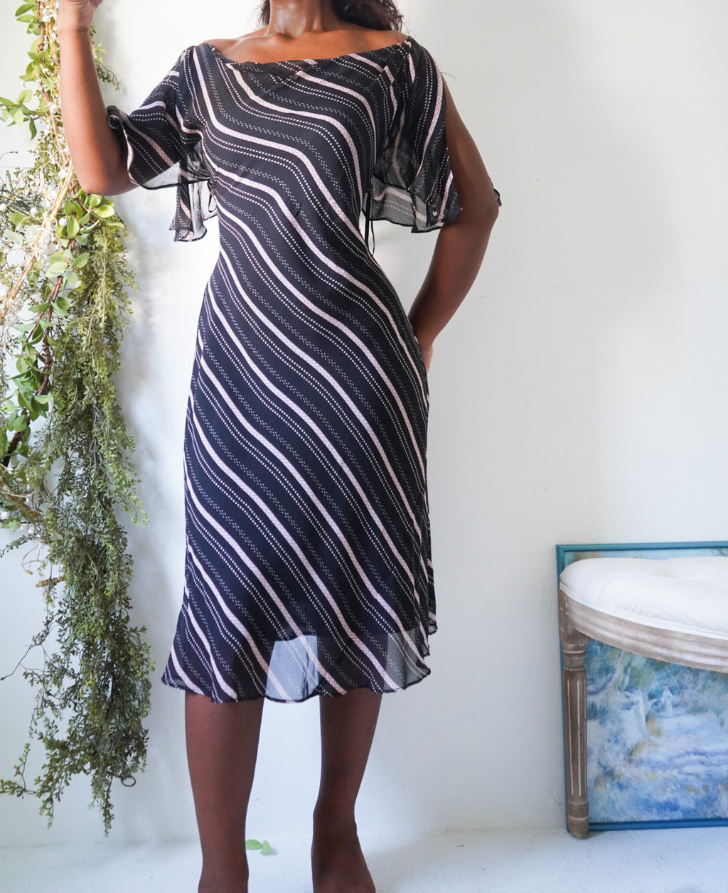 Y2K Silk Cowl Neck Flyaway Sleeve Dress