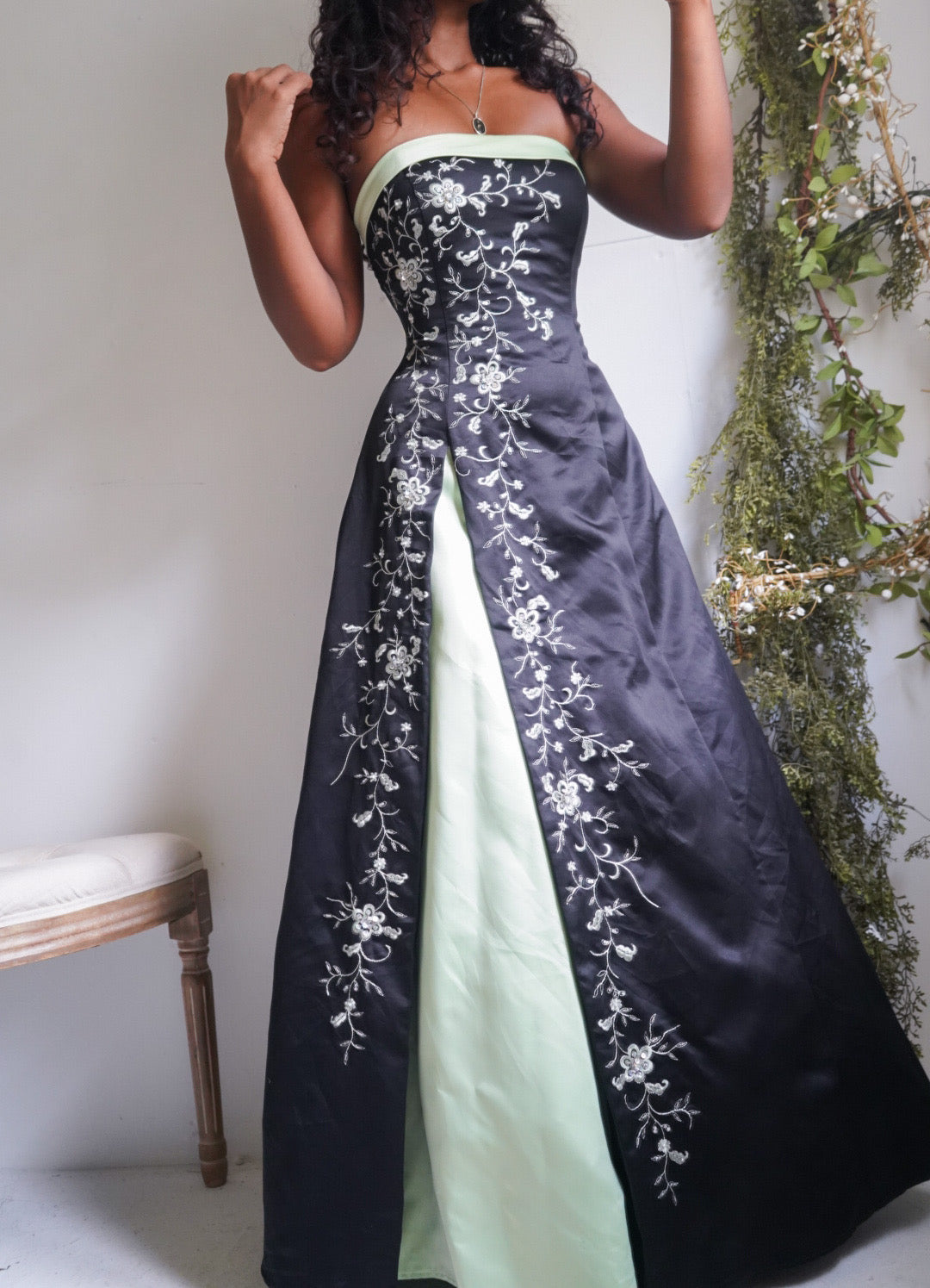 Vintage Y2K Black Strapless Gown with Pastel Green Details