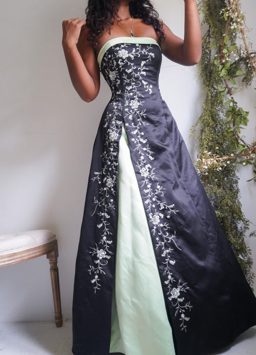 Vintage Y2K Black Strapless Gown with Pastel Green Details