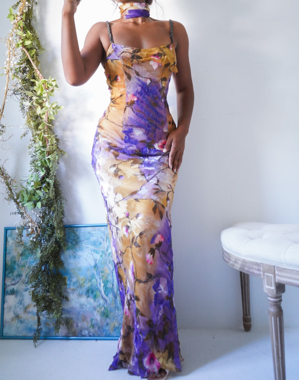 Purple Burnout Rose Beaded Gown