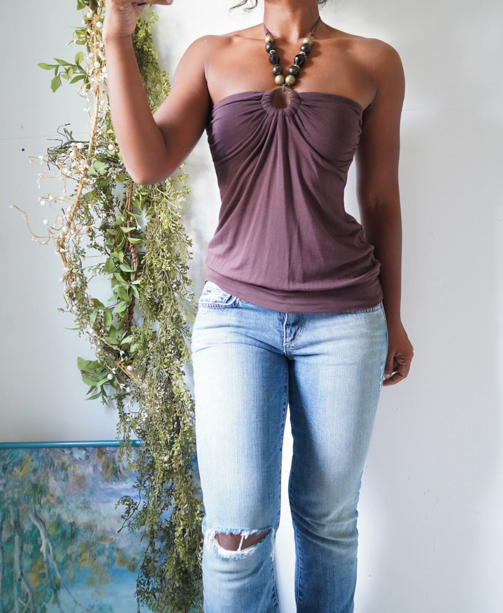 Brown Halter Boho Y2K Bubble Top