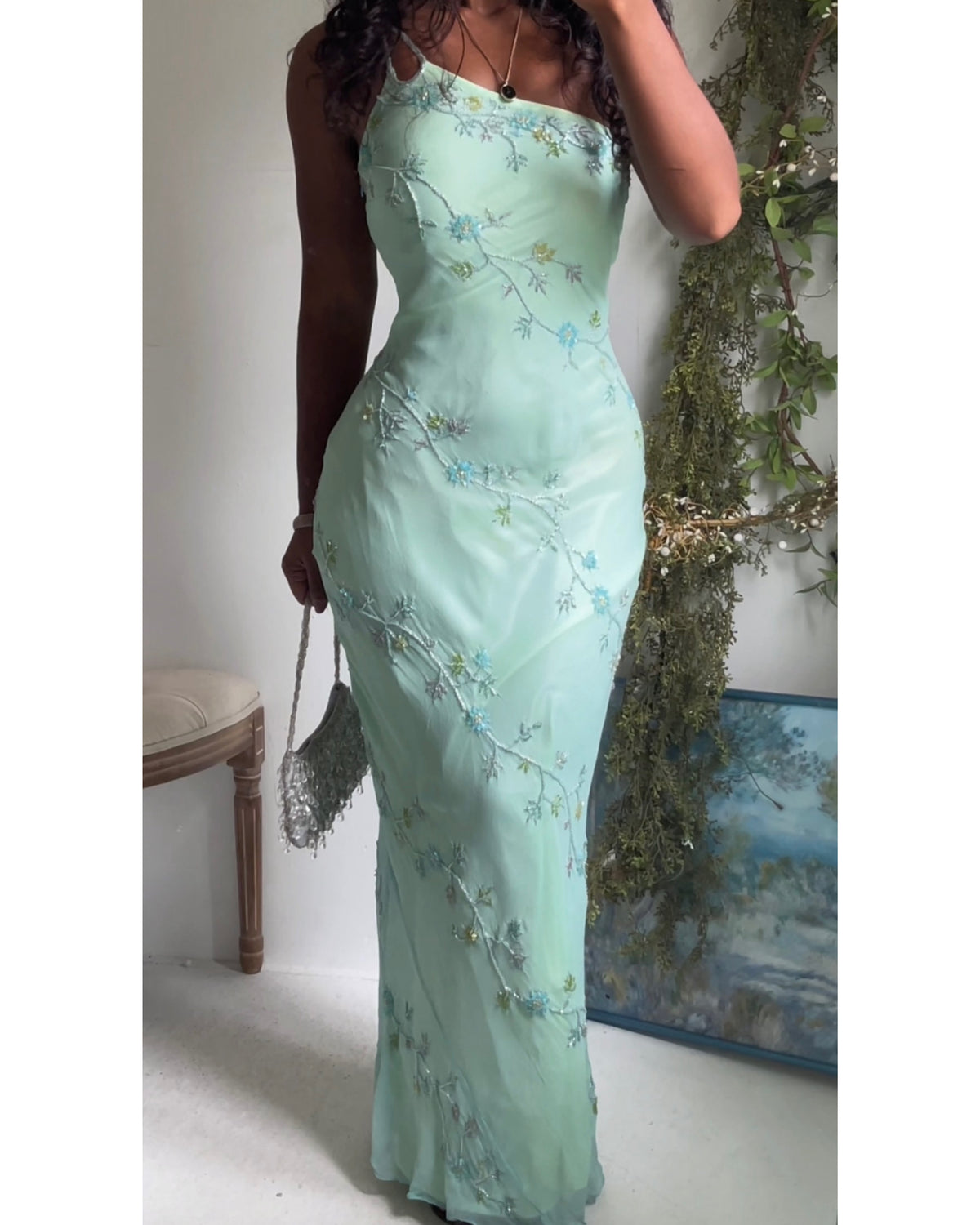 Rare Y2K Silk Layered and Beaded One Shoulder Gown