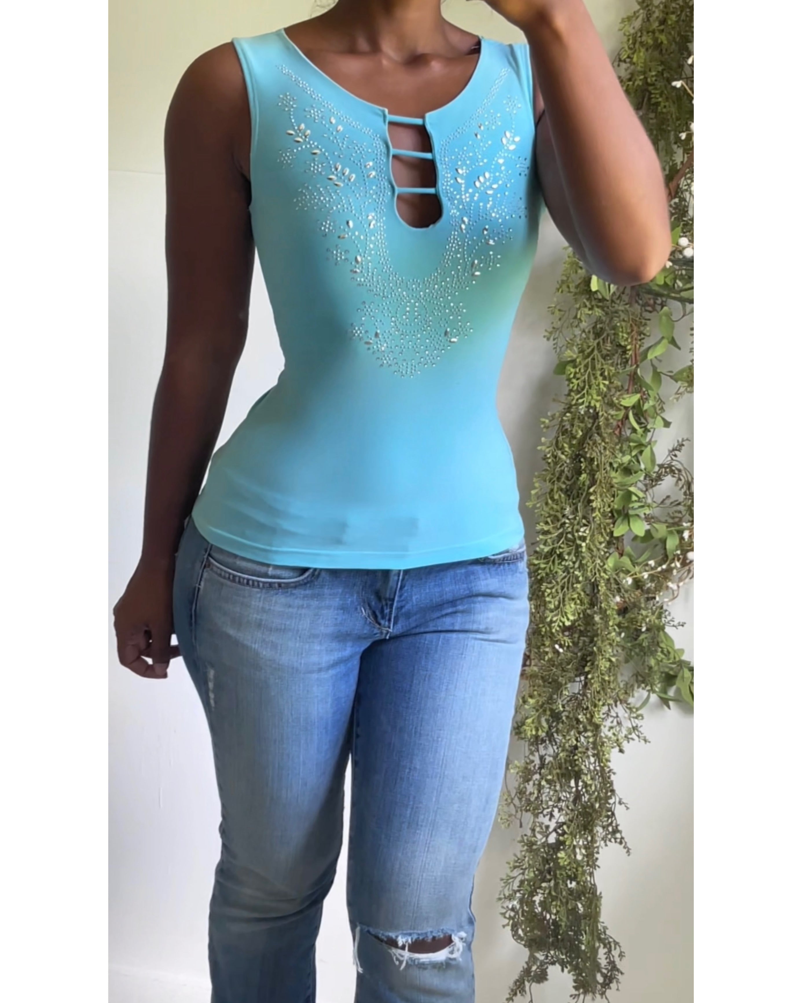 Y2K Turquoise Embellished Neckline Tank