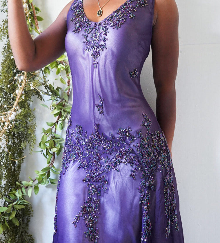 Vintage Purple Silk Fully Beaded Fairy Dress