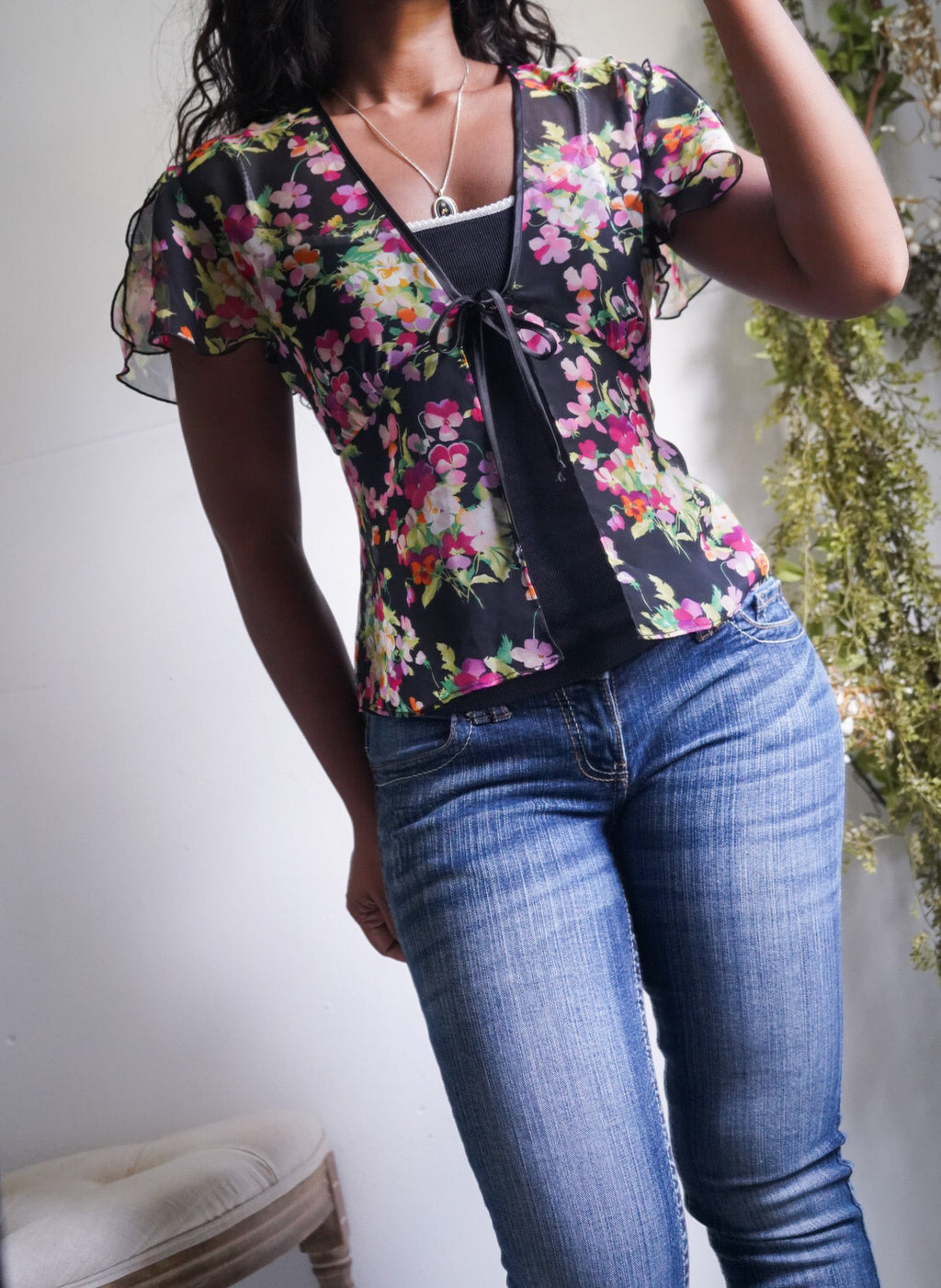 Y2K Tie Front Floral Overshirt