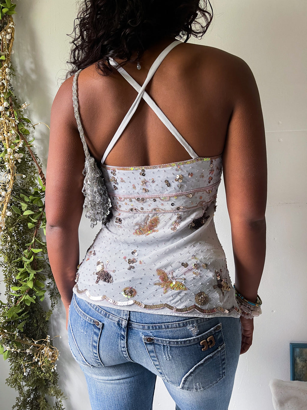 Baby Blue Silk Beaded Butterfly Cami