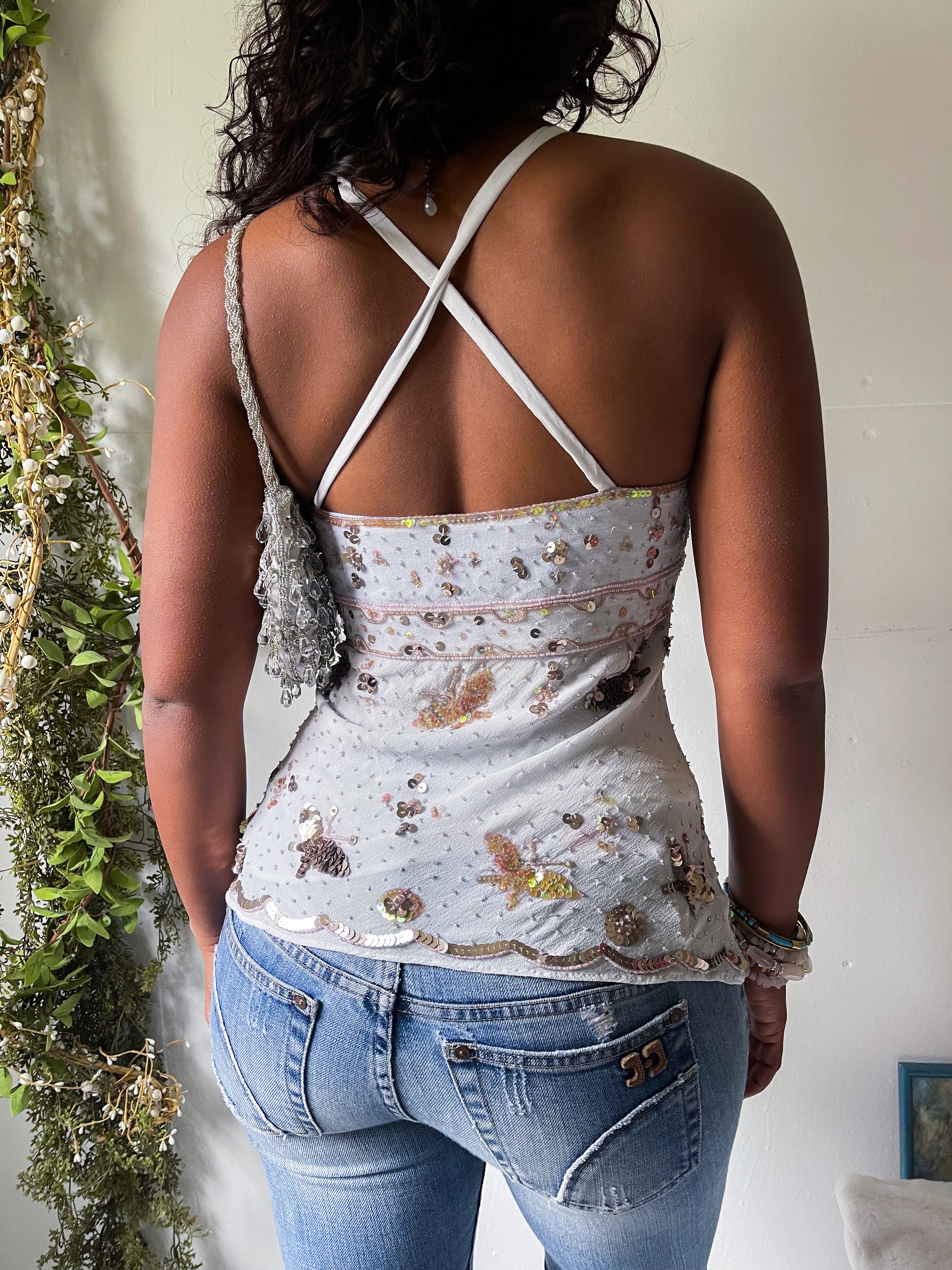 Baby Blue Silk Beaded Butterfly Cami