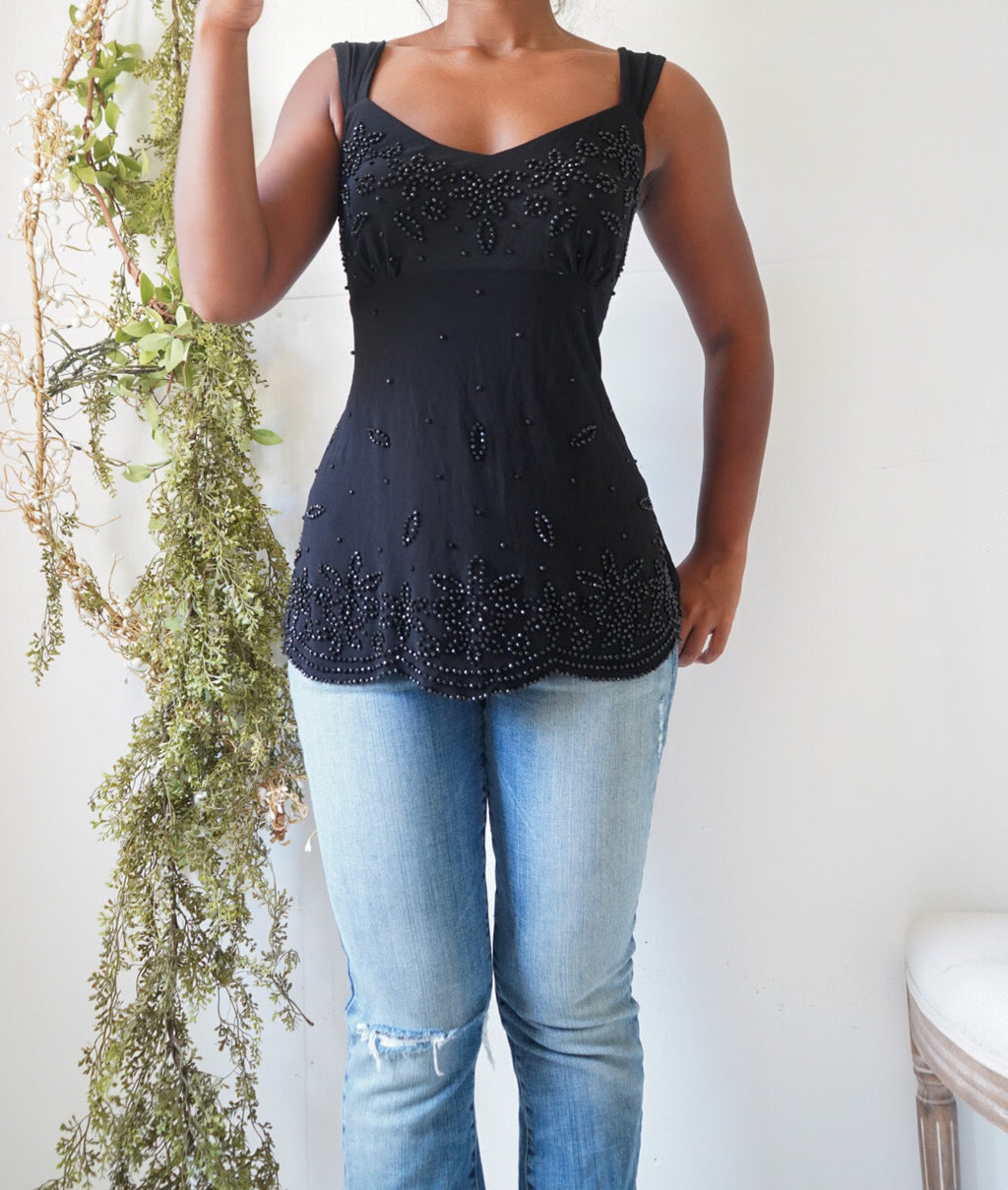 Y2K Embellished Black Babydoll Top