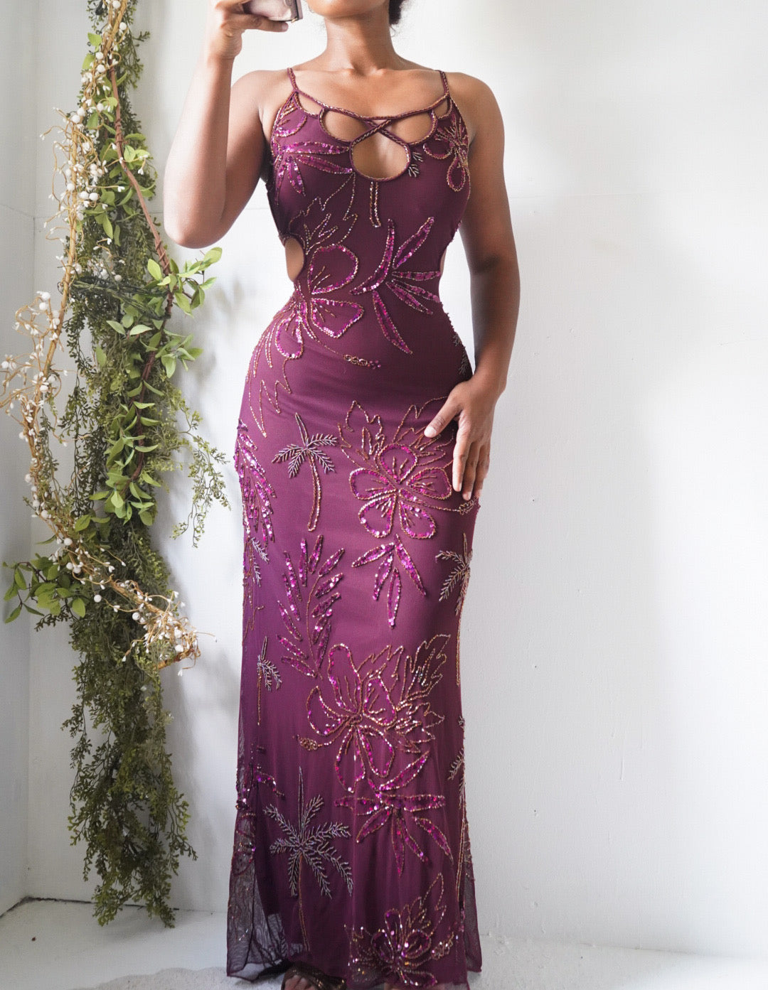 Rare Y2K Maroon Mesh Beaded Gown