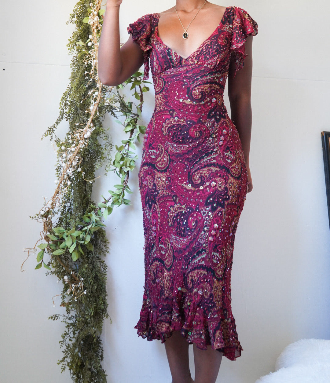 Rare Vintage Boho Paisley Beaded Midi Dress