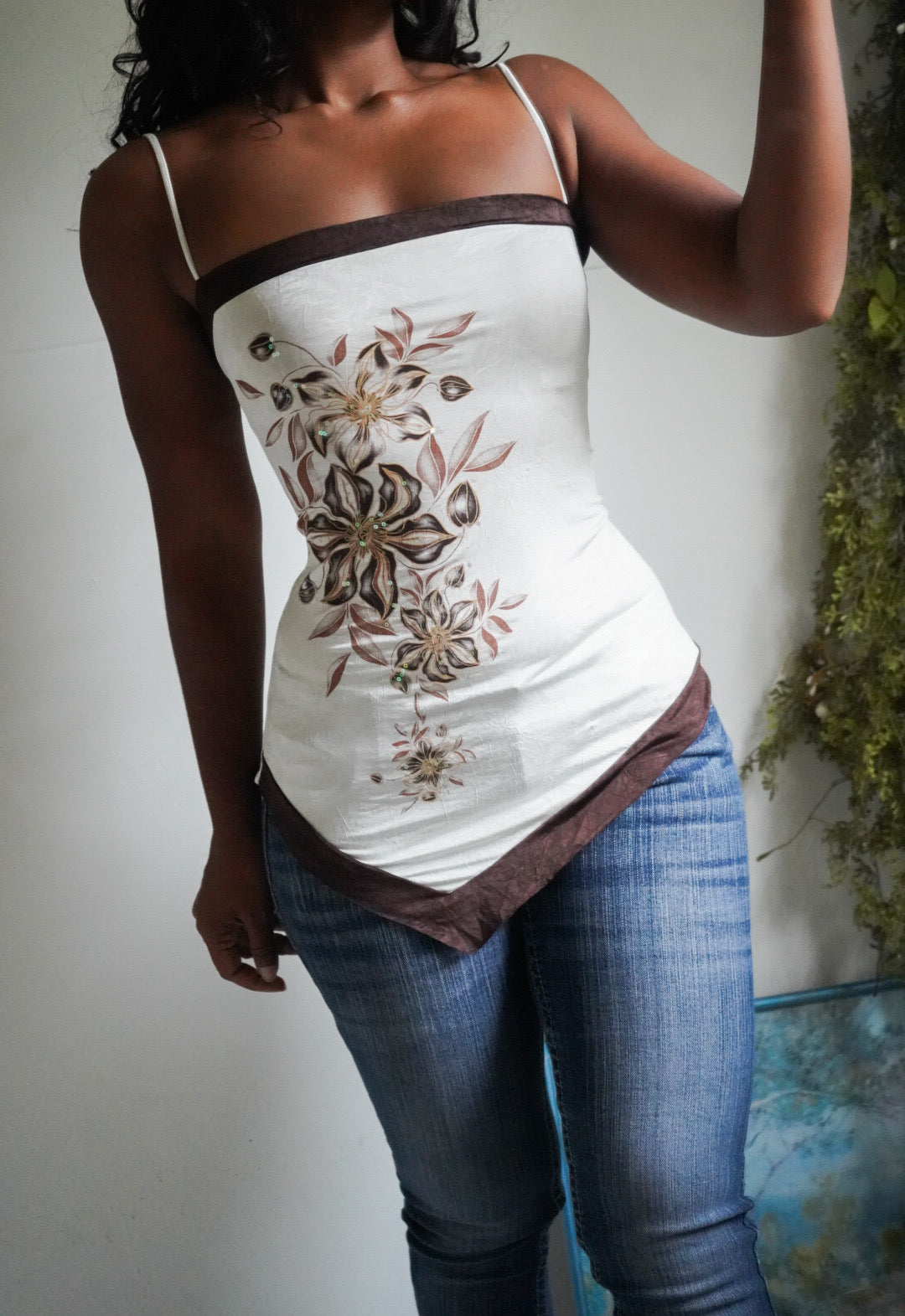 Y2K Cream and Brown Floral Asymmetric Cami