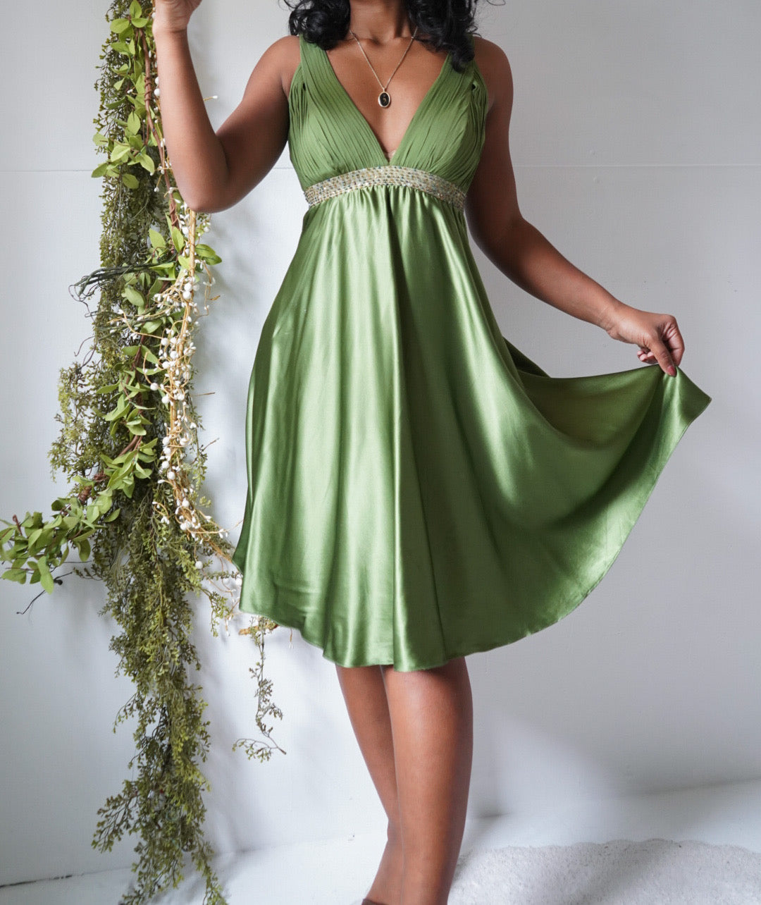 Y2K Sage Green Silk Babydoll Dress