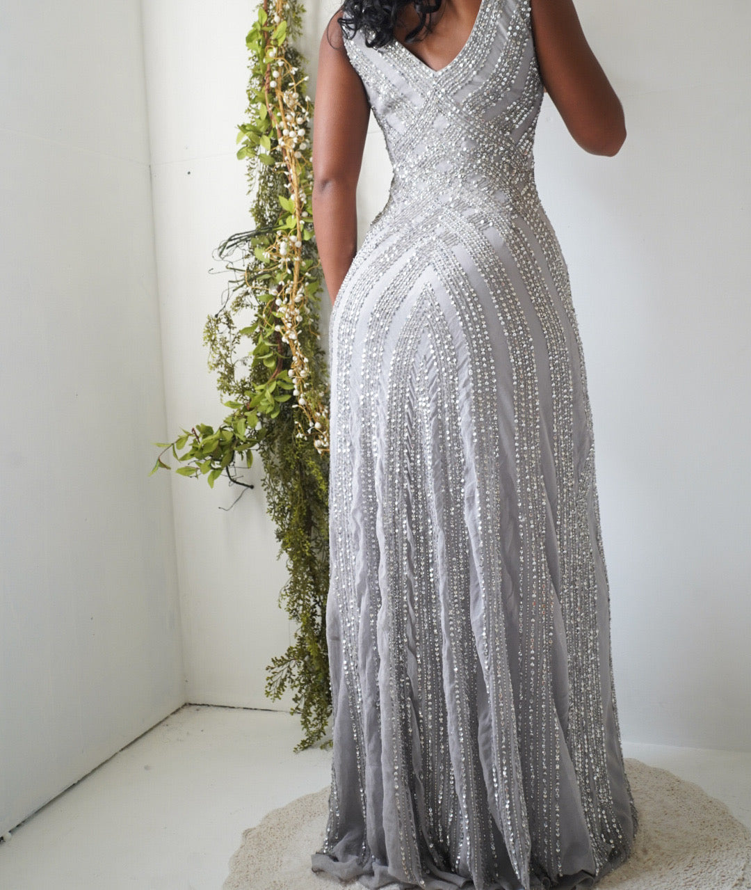 Silver Sequin Beaded Y2K Silk Gown