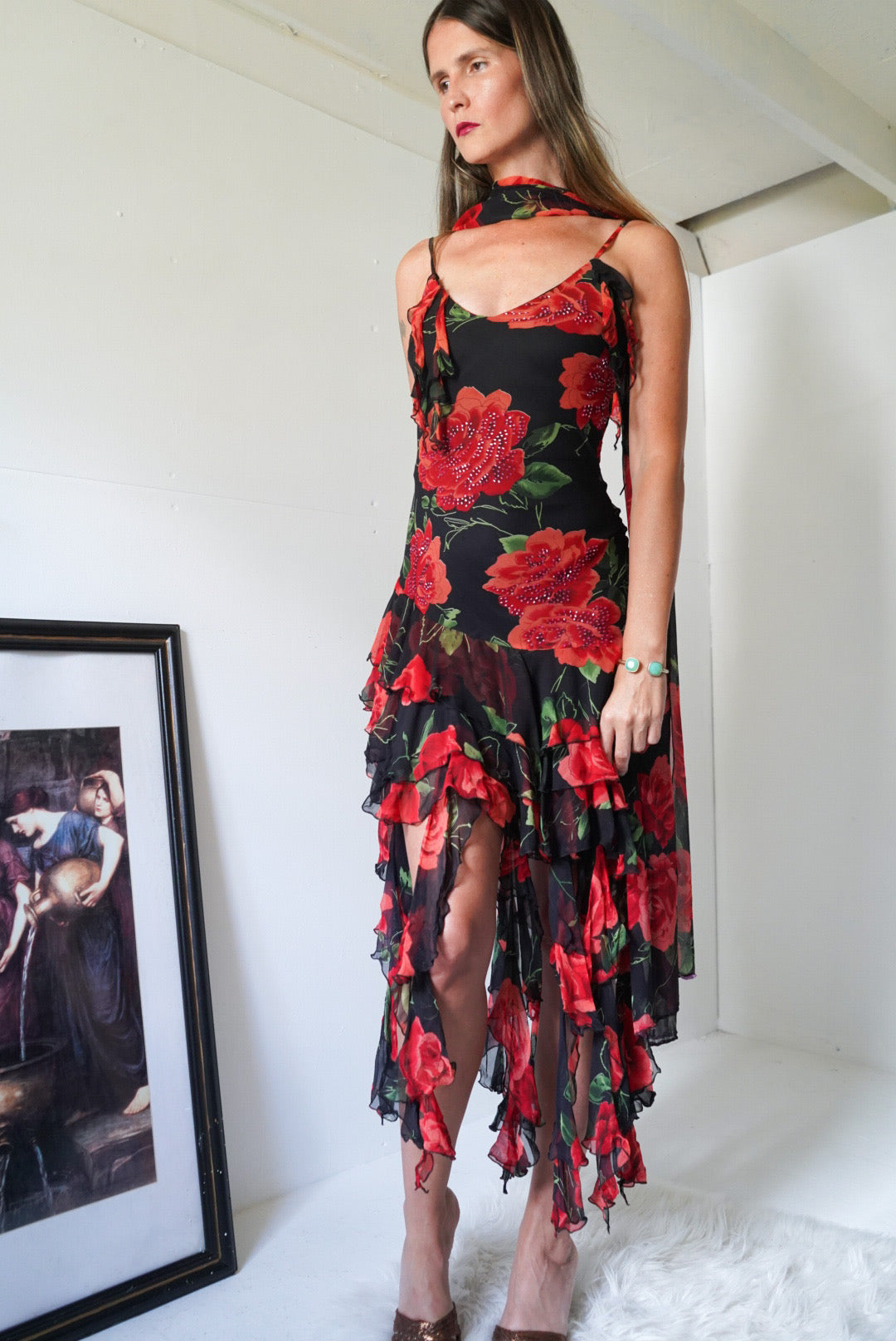 Rare y2k silk Rose mini dress with scarf🌹