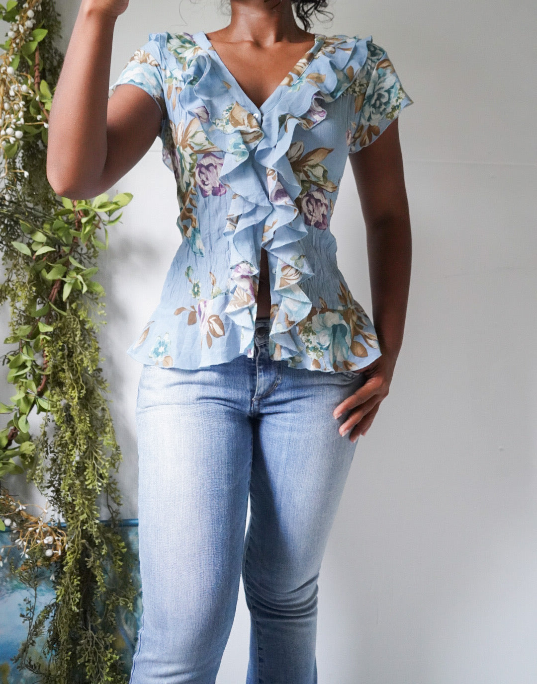 Y2K Romantic Floral Pleat Ruffle Top