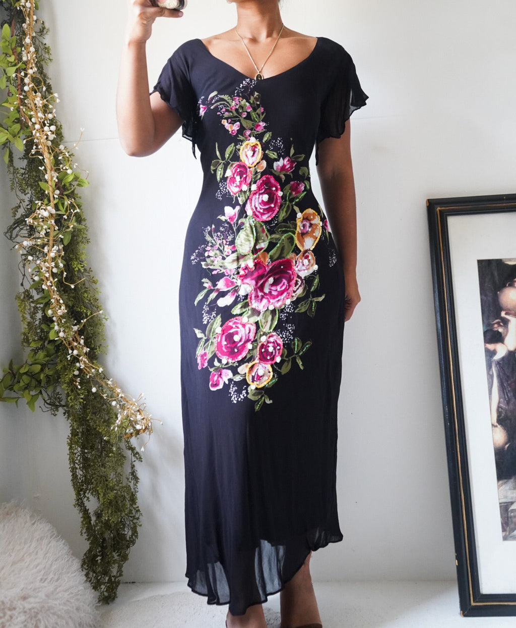Vintage 90’s Black Garden Floral Midi Dress