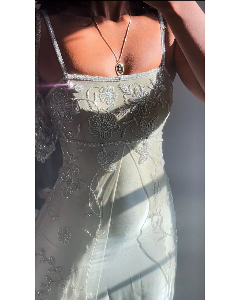 Rare Vintage Champagne Gray Beaded Split Front Gown