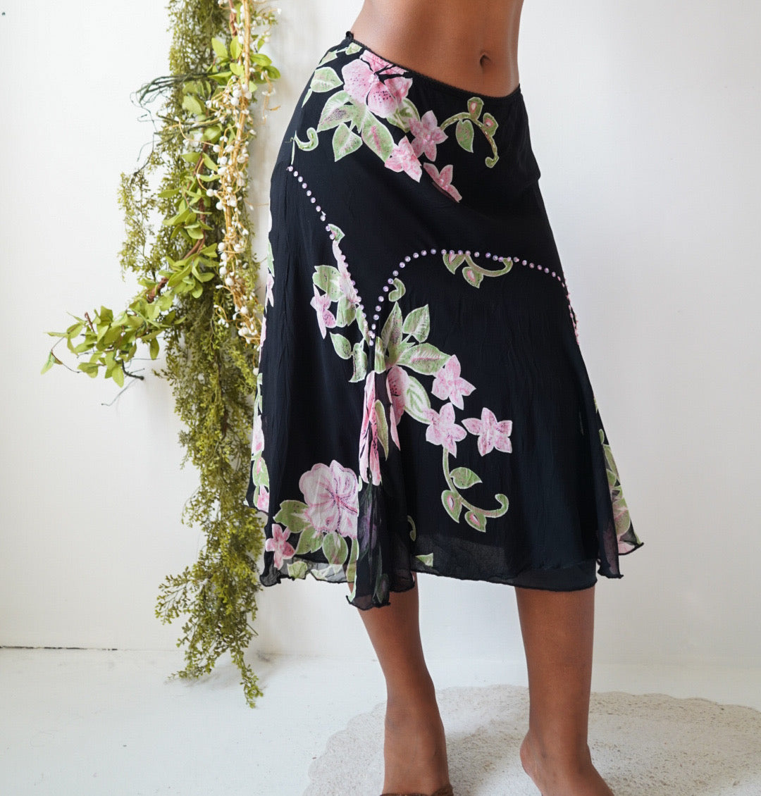 Y2K Black Floral Sequin Midi Skirt