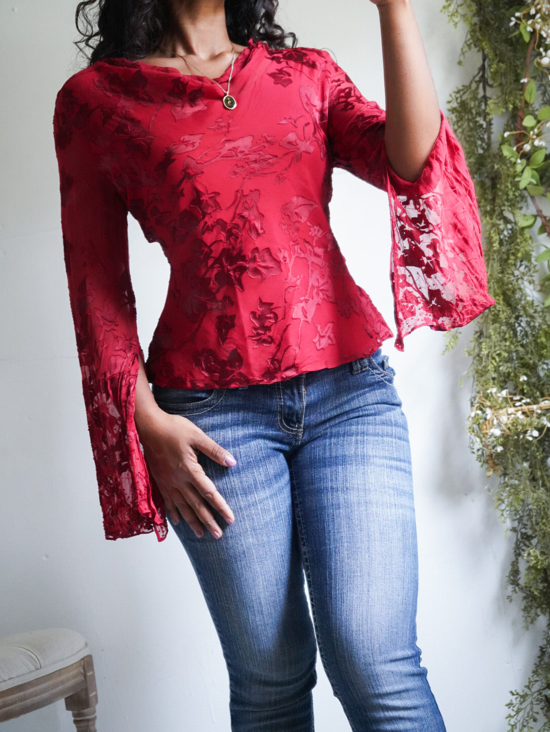 Y2K Red Burnout Silk Flare Sleeve Top