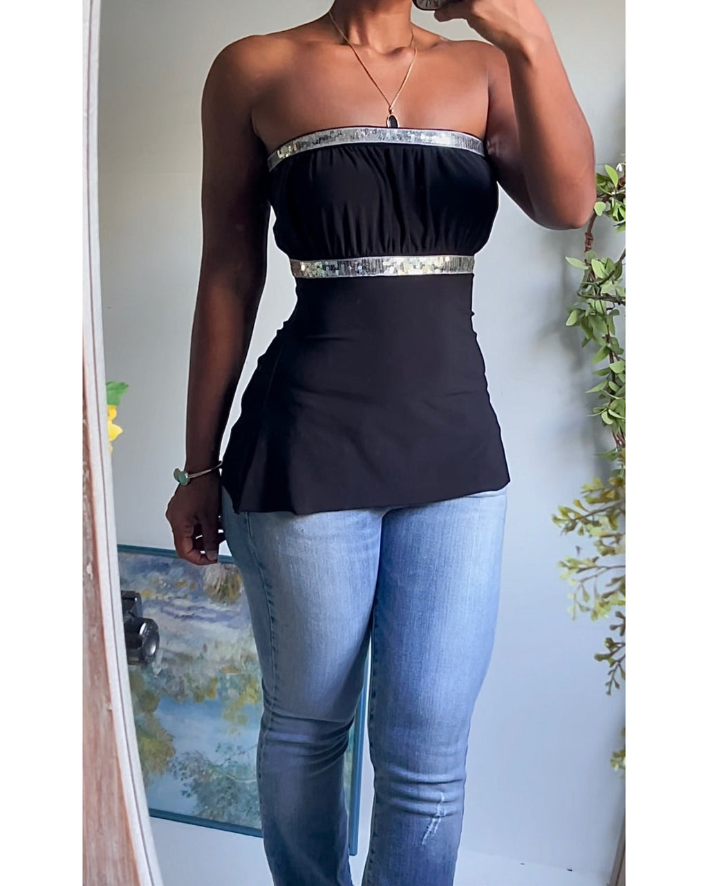 Sequin Trim Strapless Milkmaid Top