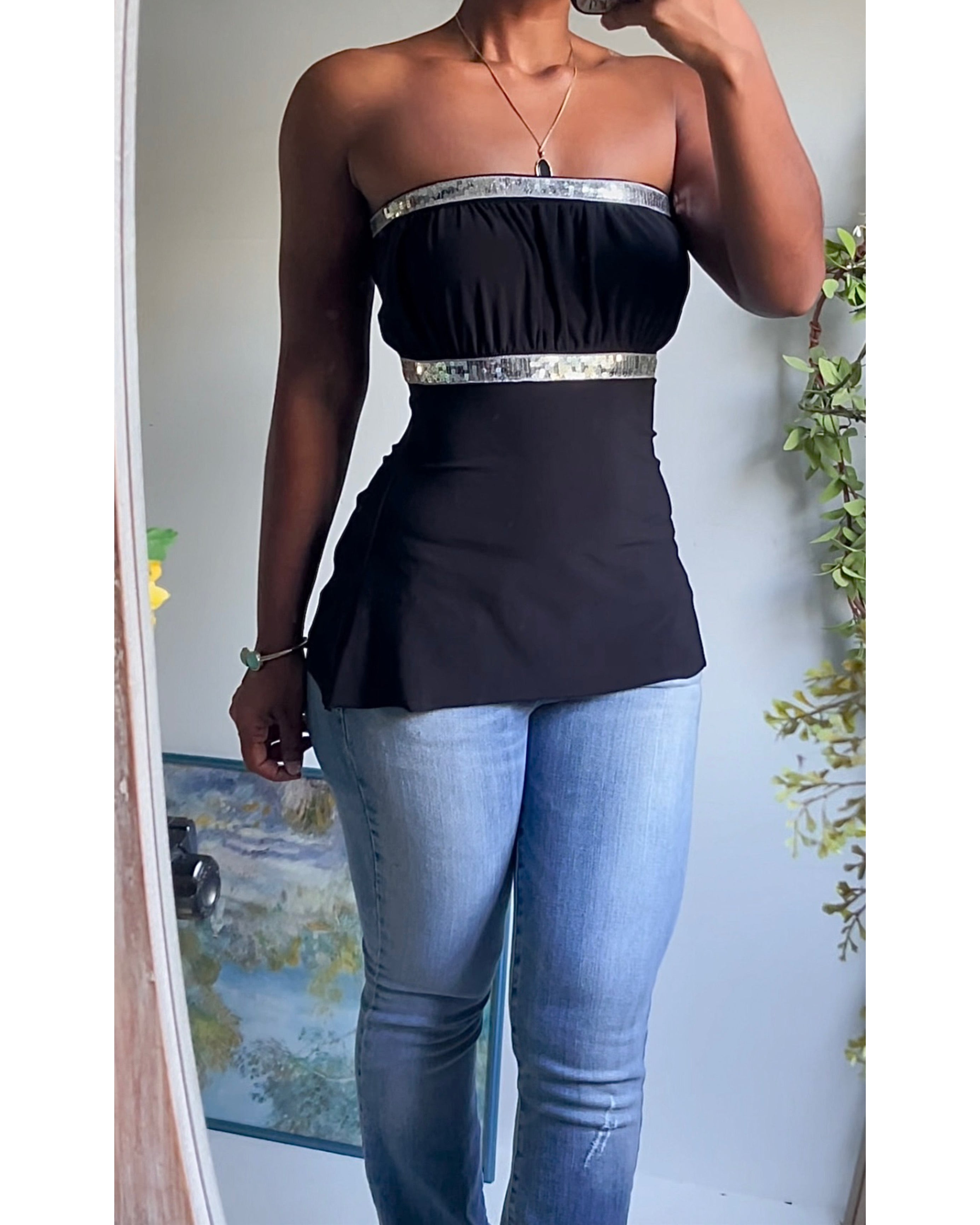 Sequin Trim Strapless Milkmaid Top