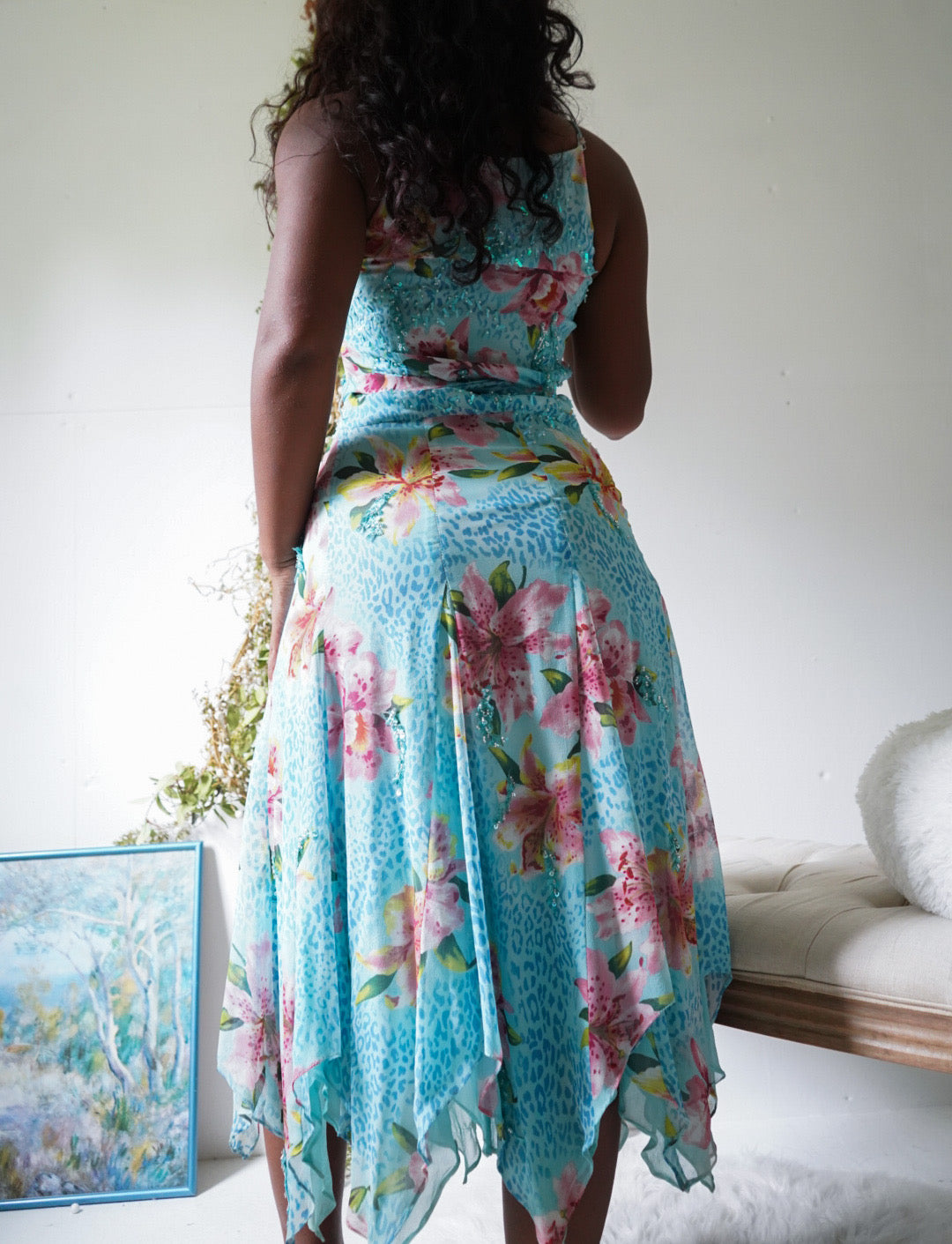 Y2K Beaded Blue Animal Print Silk Fairy Dress