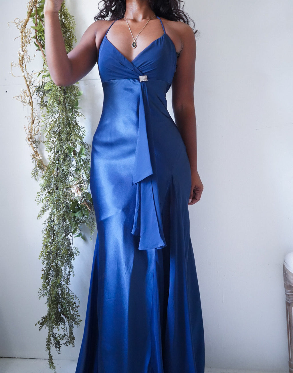 Y2K Navy Blue Satin Halter Godet Skirt Gown