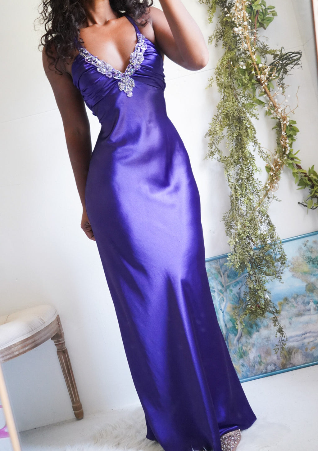 Y2K Purple Satin Low Back Gown
