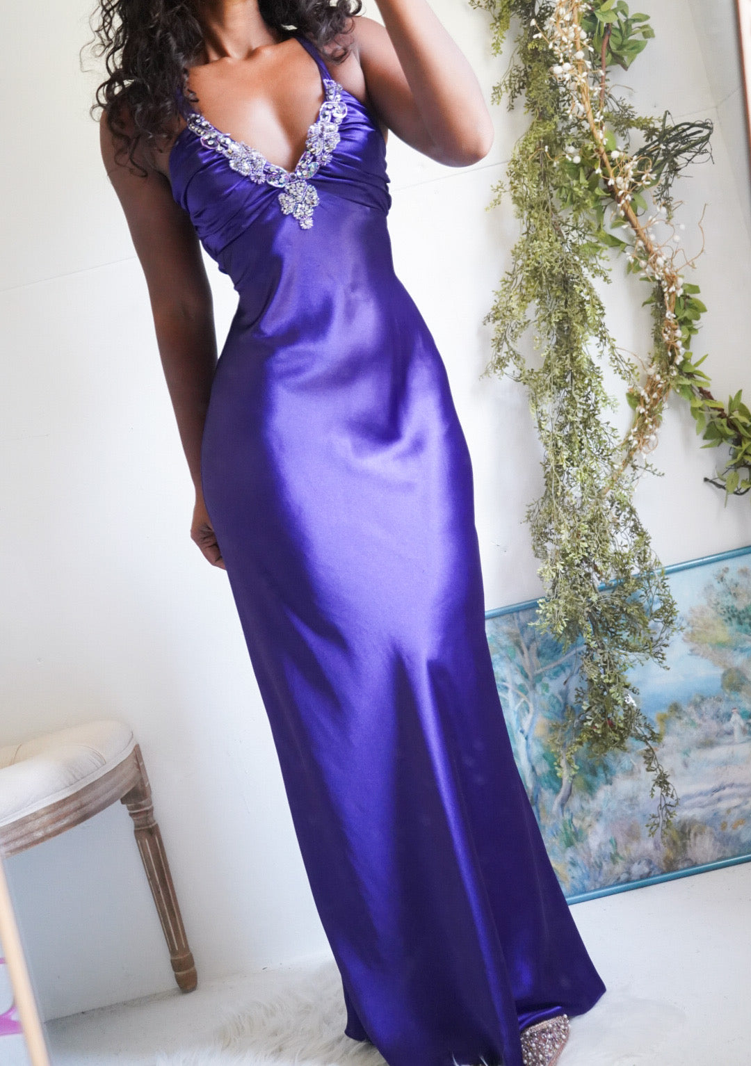 Y2K Purple Satin Low Back Gown
