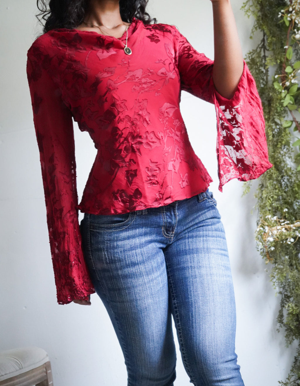 Y2K Red Burnout Silk Flare Sleeve Top