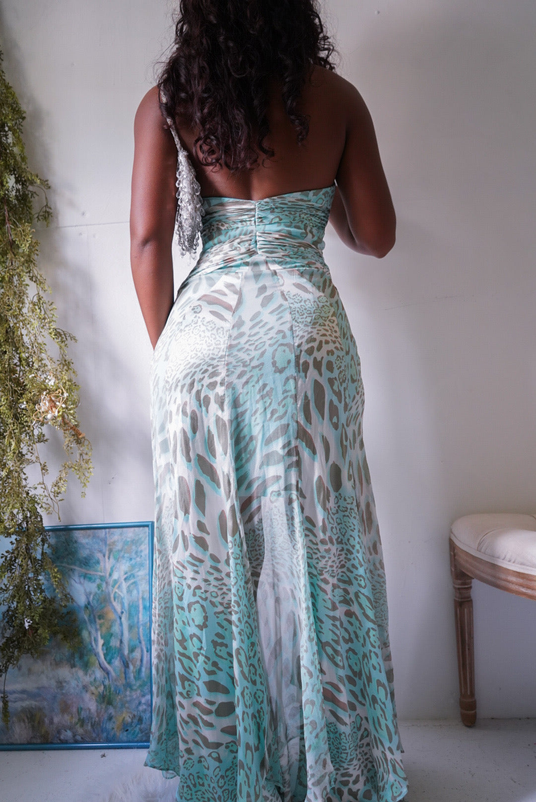 Rare Y2K Pastel Blue Leopard Print Halter Silk Gown