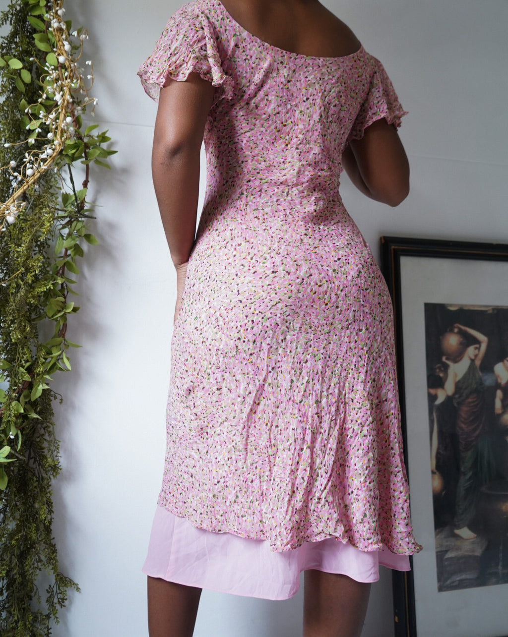 Pink Abstract Silk Midi Dress