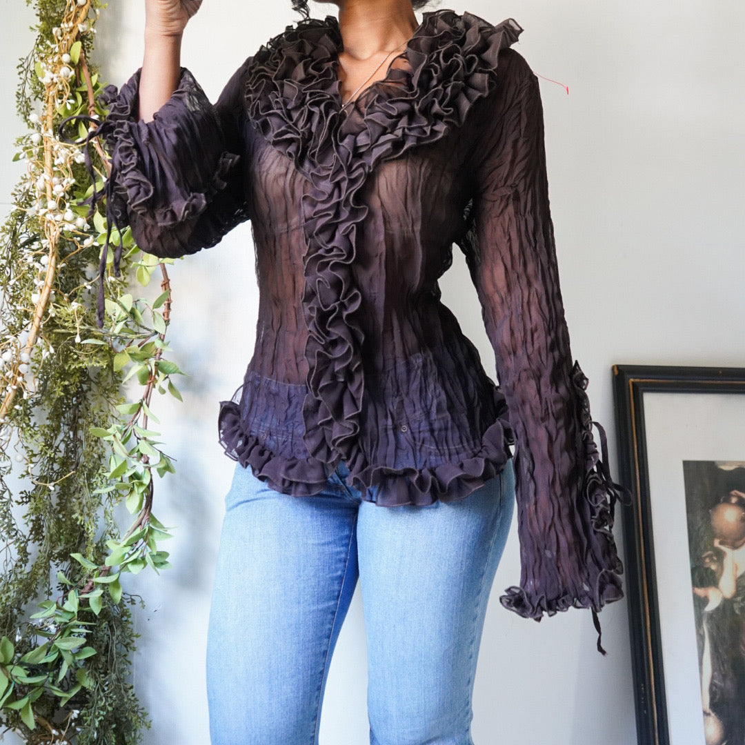 Brown Ruffle Button Down Crinkle Top