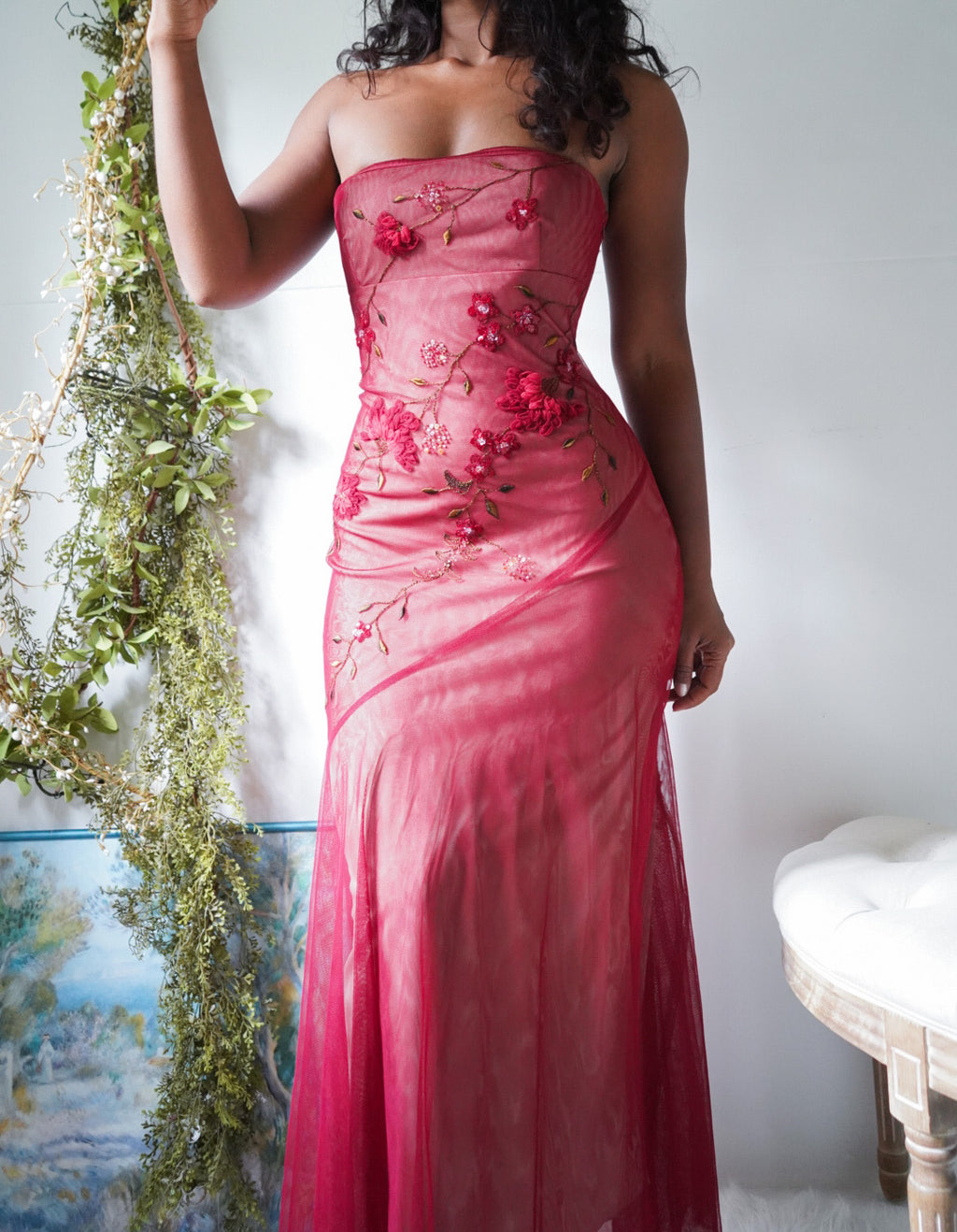 Y2K Red Layered Strapless Tulle Beaded Gown