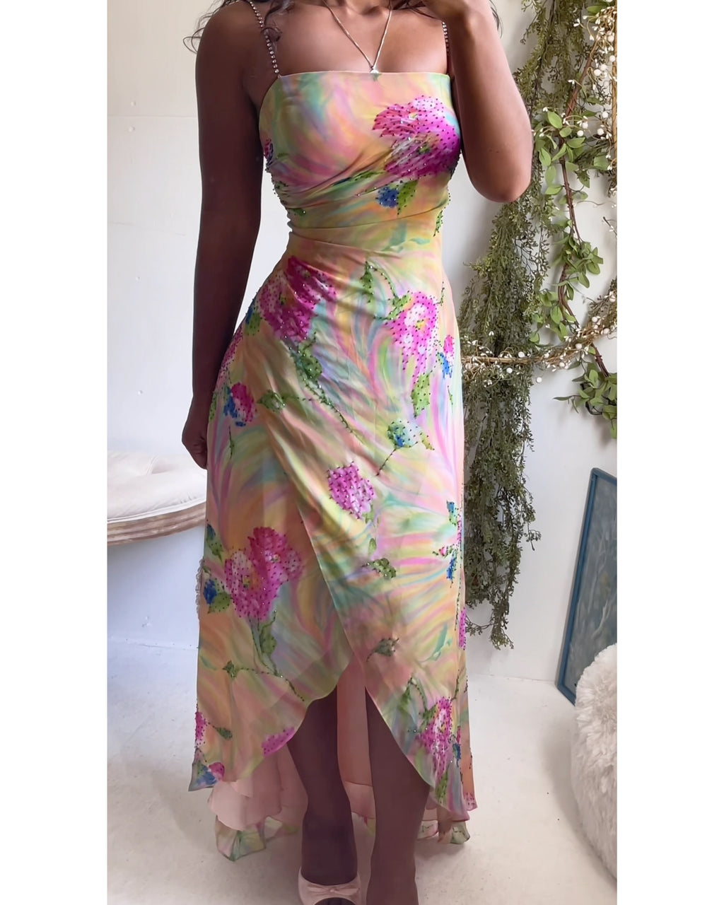 Y2K Beaded Rainbow Floral High-Low Gown