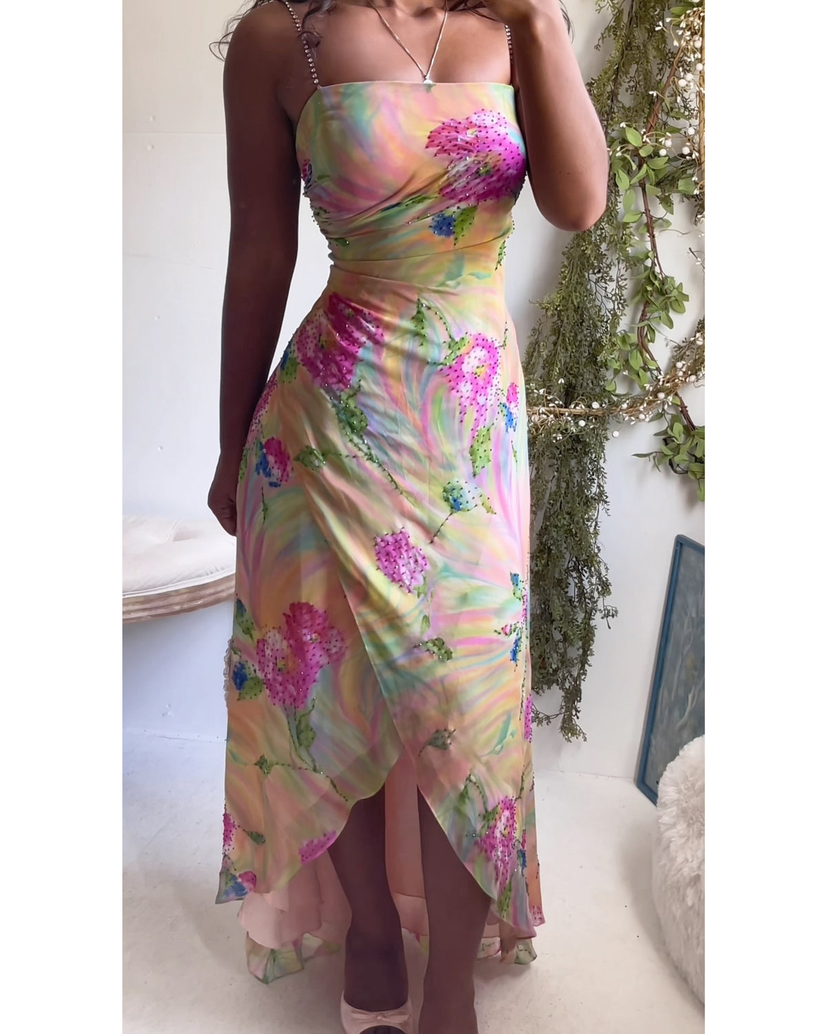 Y2K Beaded Rainbow Floral High-Low Gown
