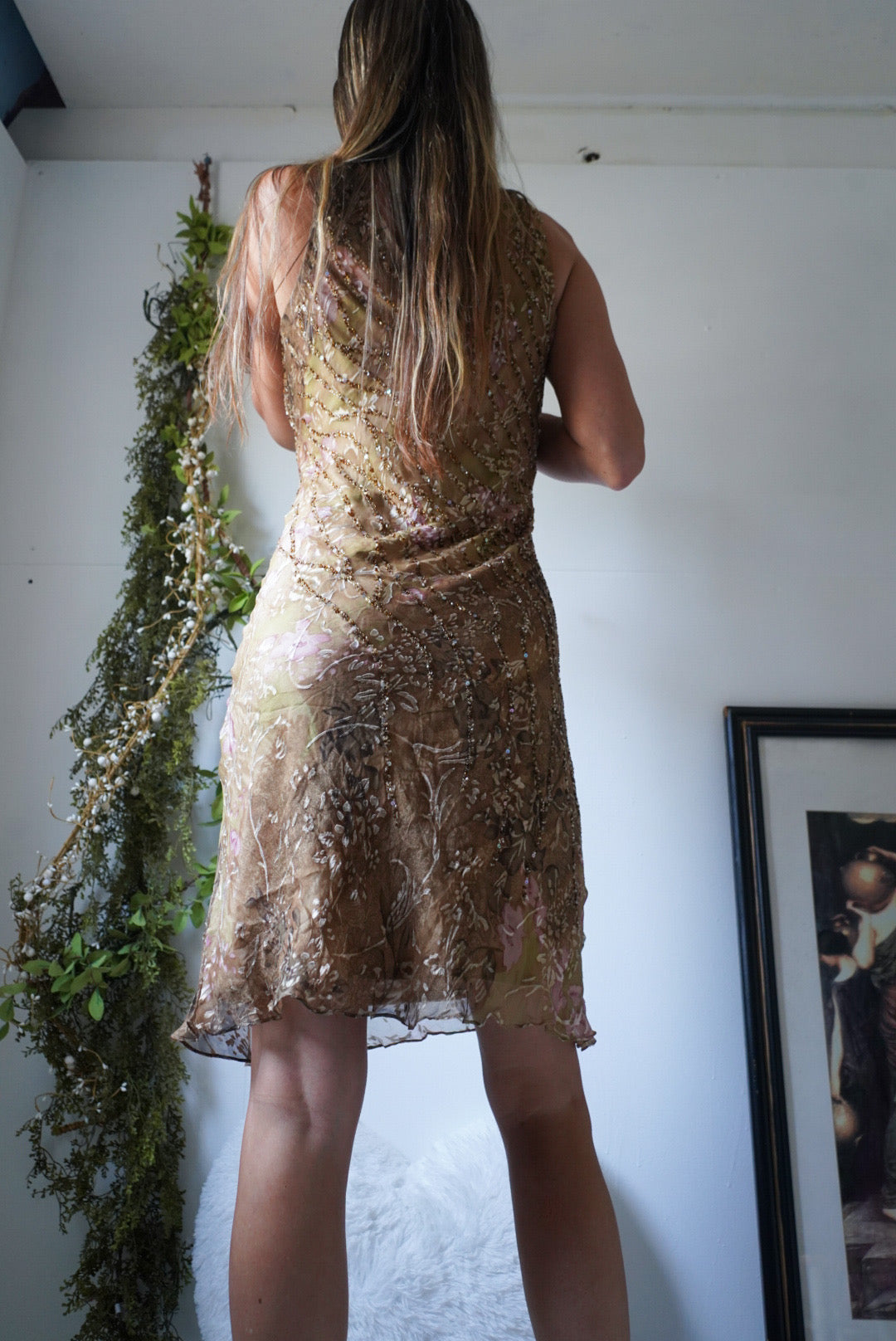 Rare Silk Beaded Garden Floral Silk Dress