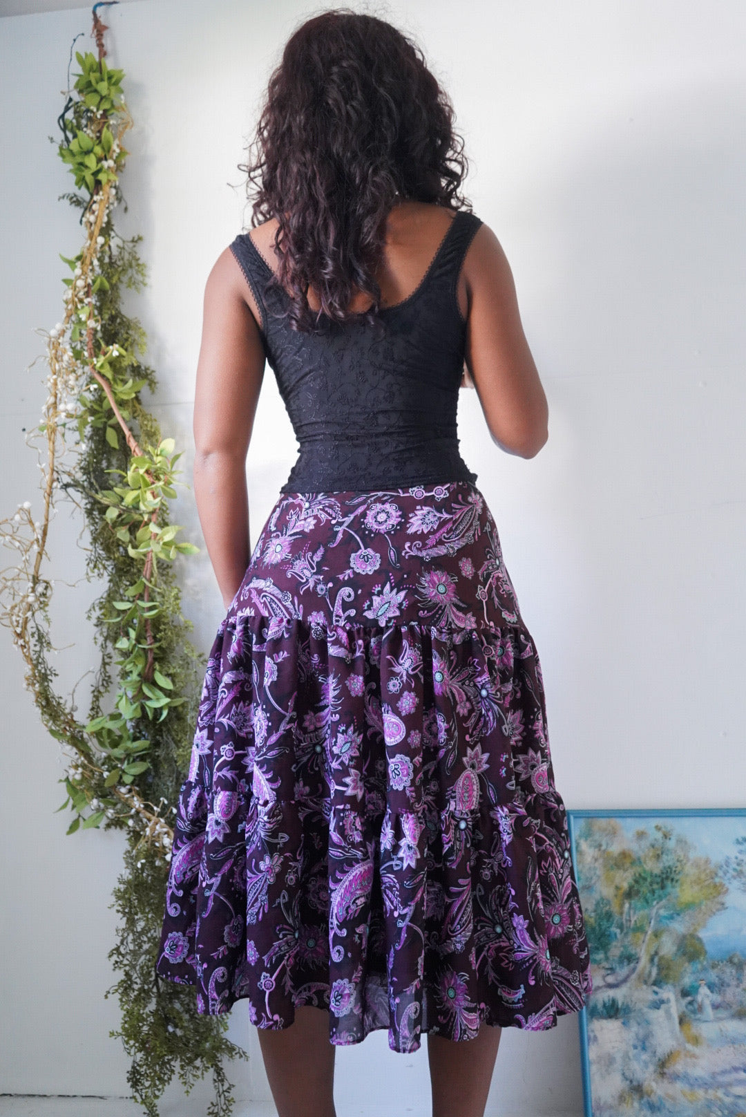 Y2K Tiered Purple Paisley Skirt