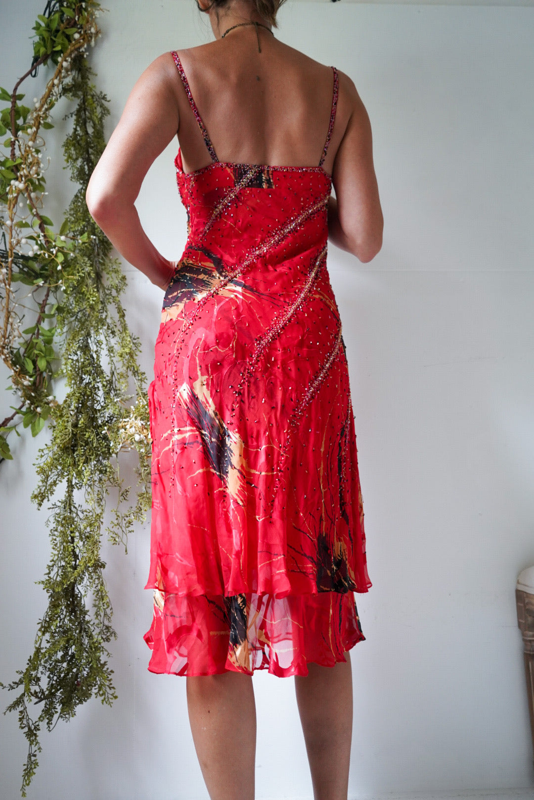Rare Red Beaded Silk Mini Dress with Sash