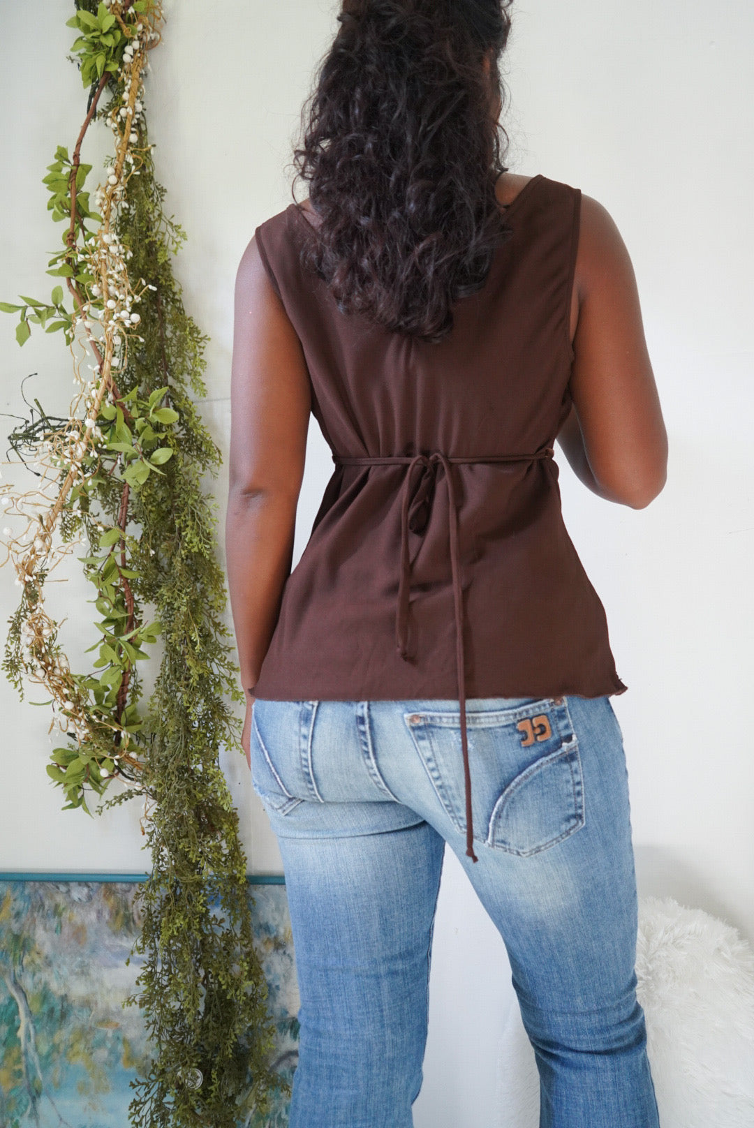 Y2K Brown Bead Trim Sleeveless Tie Back Top
