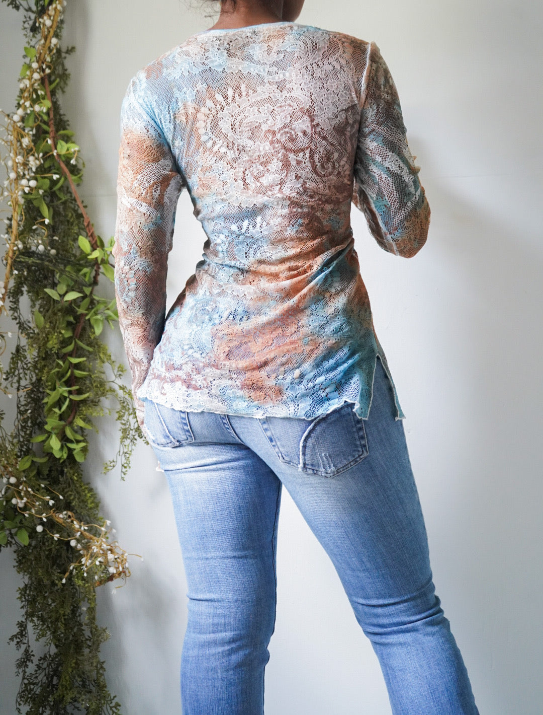 Vintage Y2K Boho Lace Net Beaded Neckline Top