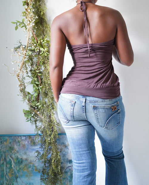 Brown Halter Boho Y2K Bubble Top