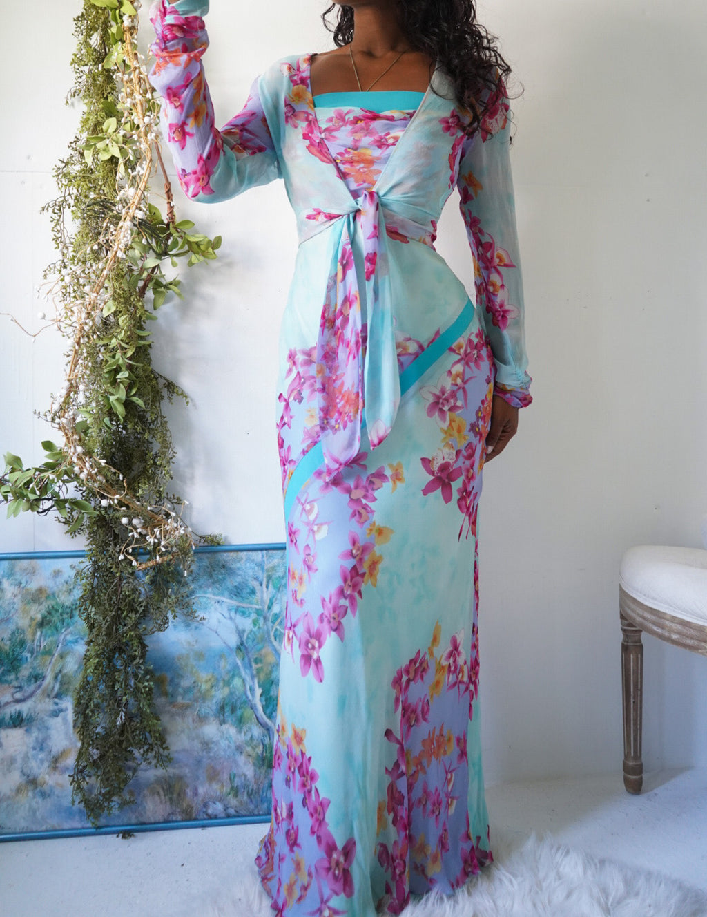 Vintage Y2K Romantic Light Turquoise Floral 2 Piece Gown