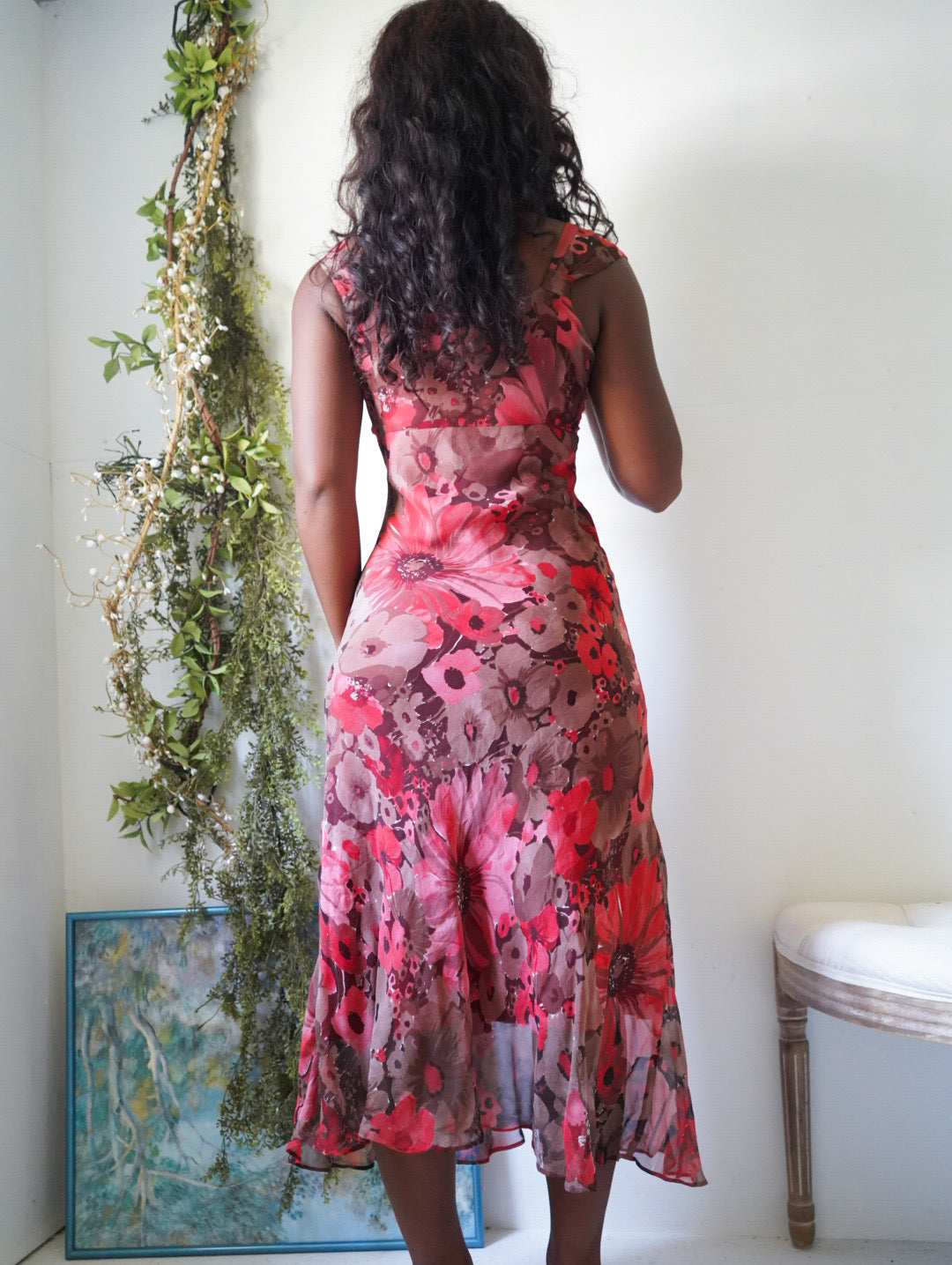 Y2K Watercolor Floral Silk Midi Dress