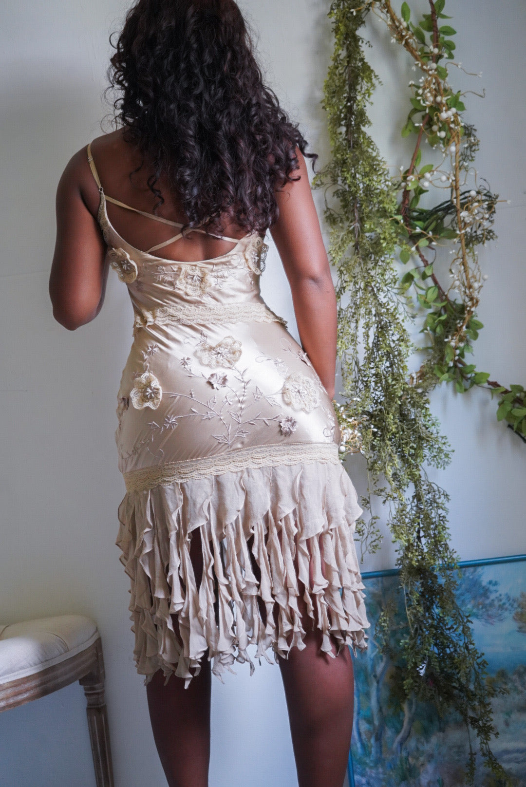 Y2K Champagne Silk Charmeuse Beaded Dress