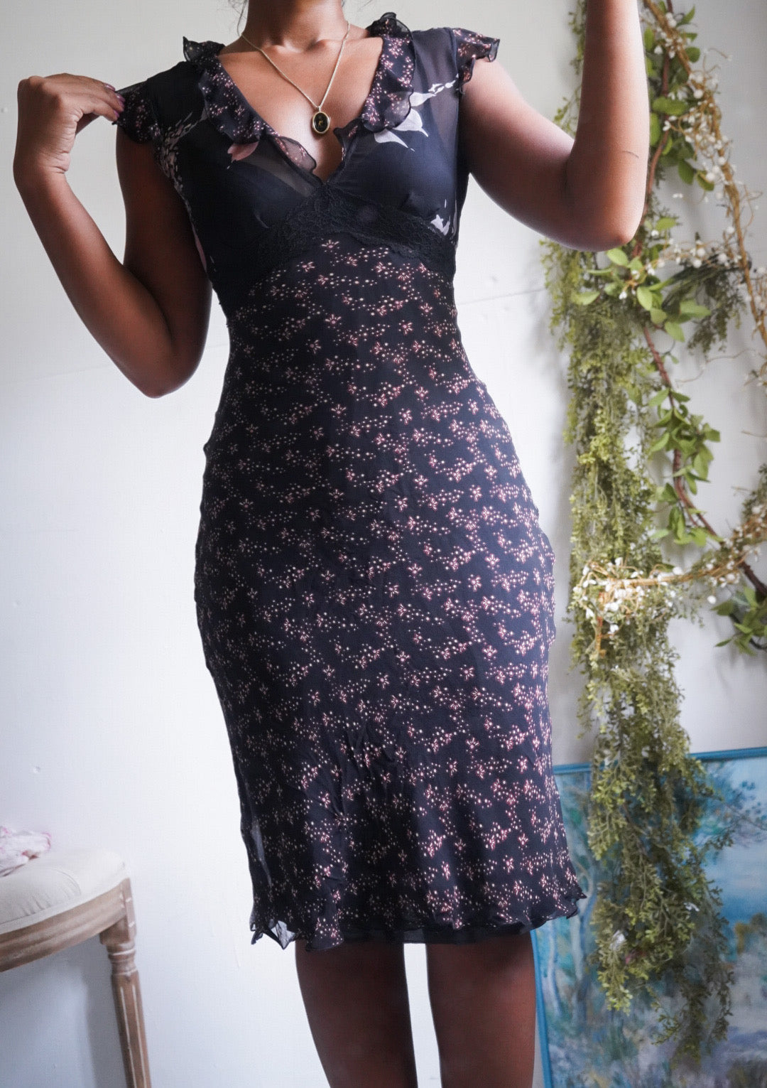 Y2K Dainty Floral Black Ruffle Detail Silk Dress