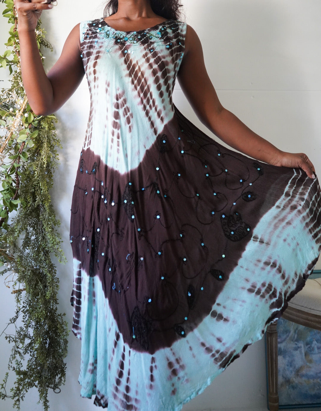 Vintage Turquoise and Brown Boho Summer Dress