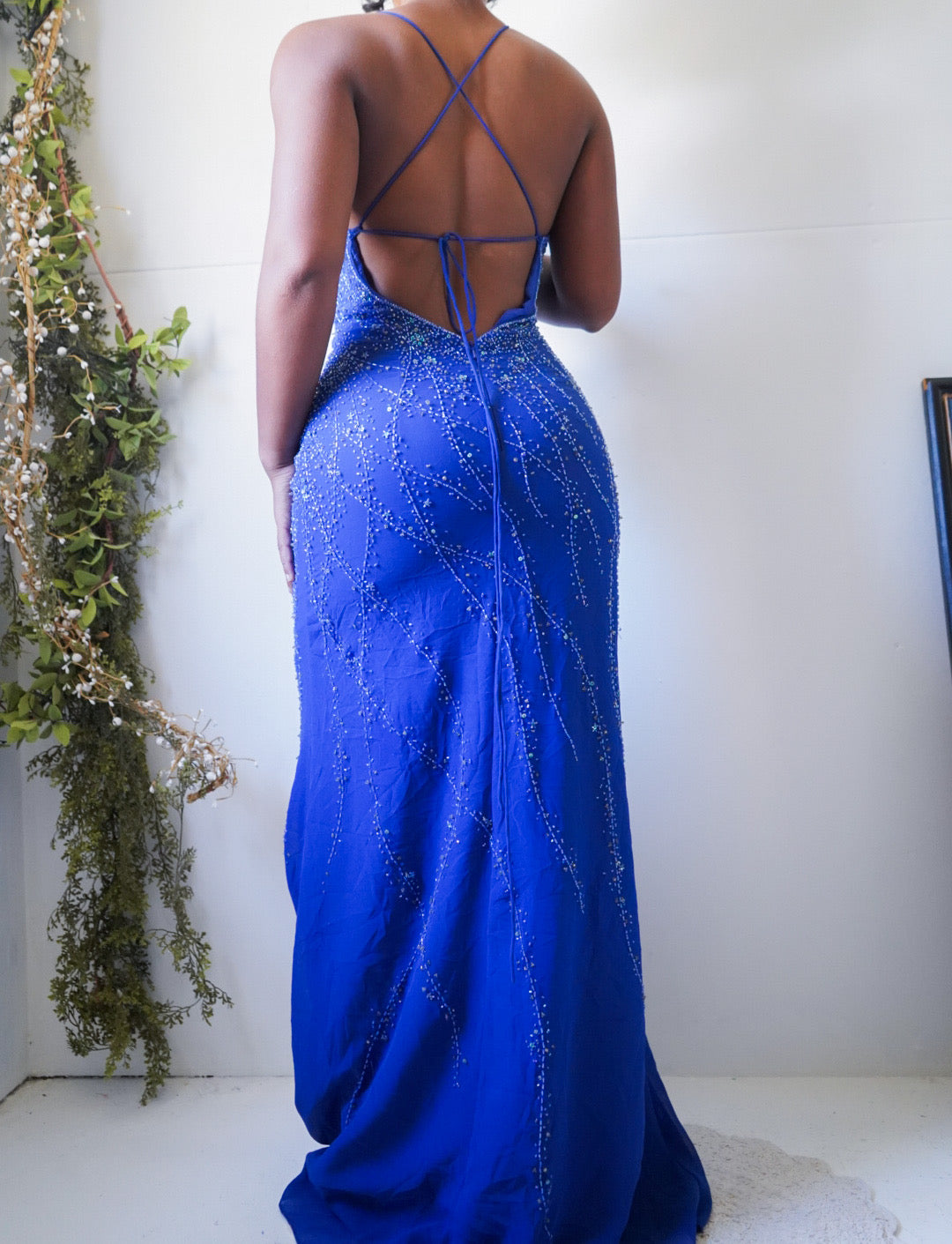 Vintage Y2K Blue Beaded Backless Gown