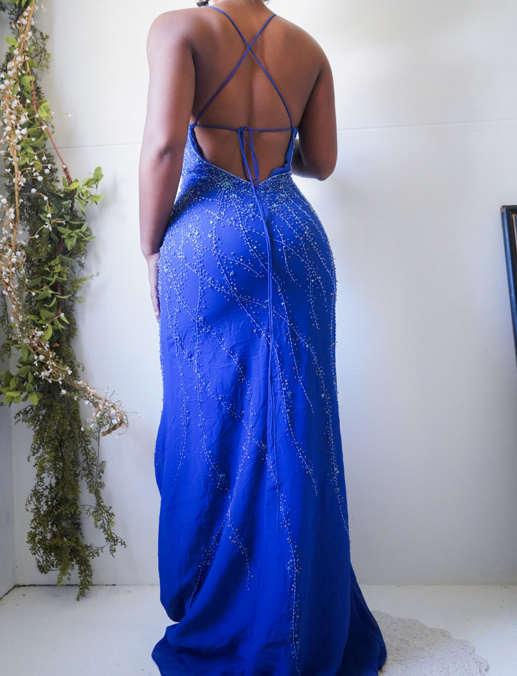 Vintage Y2K Blue Beaded Backless Gown