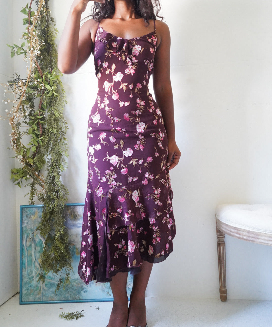 Y2K Wine Burnout Floral Midi Dress